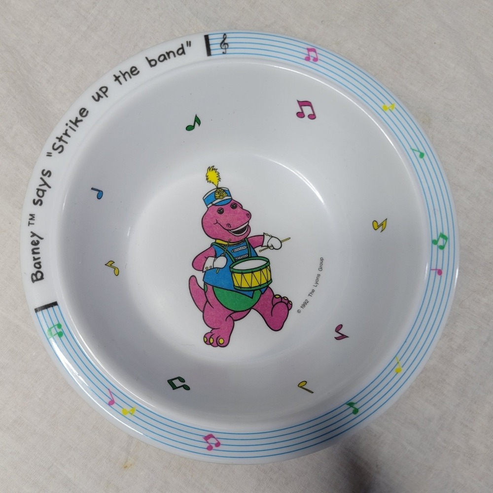 Vintage 1992 Barney the Dinosaur Strike Up The Band Melamine Bowl Selandia 6.5"